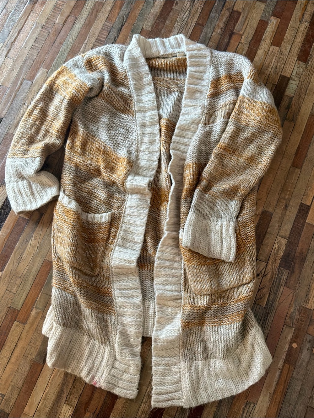 lovestitch Cream and Mustard Striped Open Cardigan